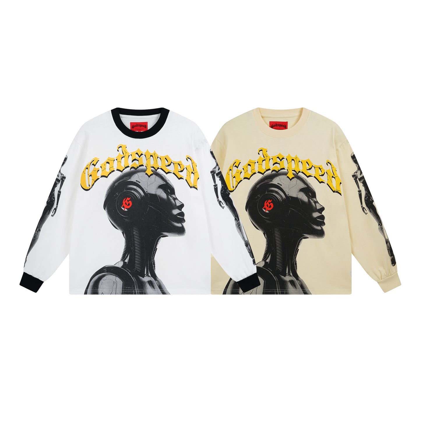 T-shirt à manches longues pour homme, blanc et beige, style vintage, imprimé artisanal, référence 3096