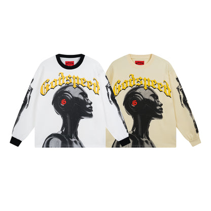 T-shirt à manches longues pour homme, blanc et beige, style vintage, imprimé artisanal, référence 3096