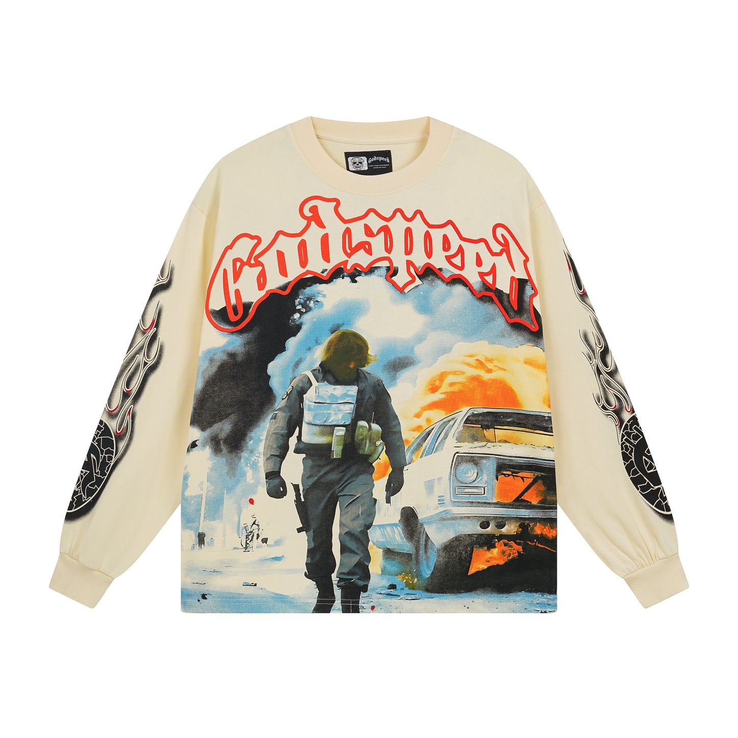 T-shirt à manches longues beige vintage pour homme (imprimé artisanal) 3098