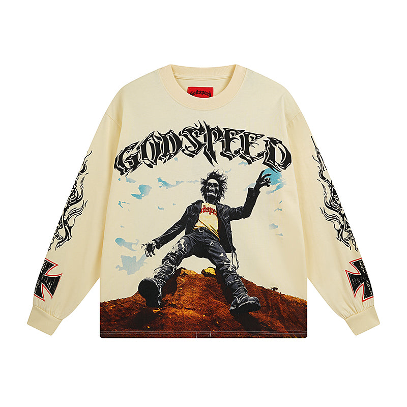 Beige Street Vintage Washed Long Sleeve T-Shirt (Crafted Print) 3103