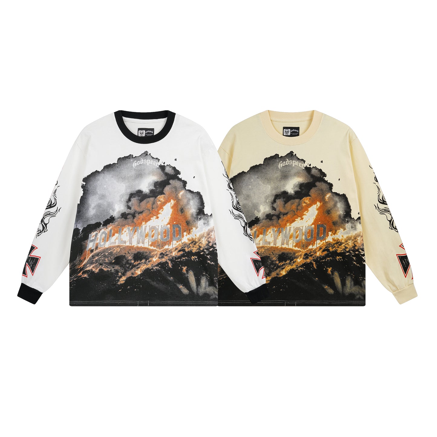 Men’s White & Beige Street Vintage Washed Long Sleeve T-Shirt (Crafted Print) 3107