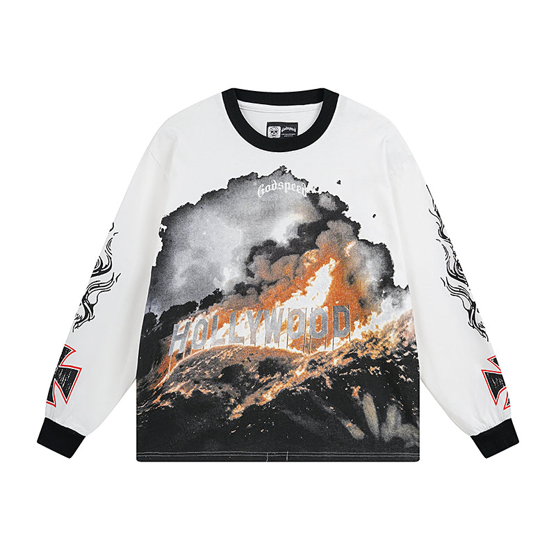 Men’s White & Beige Street Vintage Washed Long Sleeve T-Shirt (Crafted Print) 3107