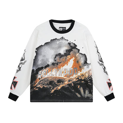 Men’s White & Beige Street Vintage Washed Long Sleeve T-Shirt (Crafted Print) 3107