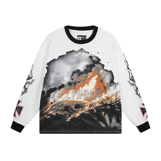 Men’s White & Beige Street Vintage Washed Long Sleeve T-Shirt (Crafted Print) 3107