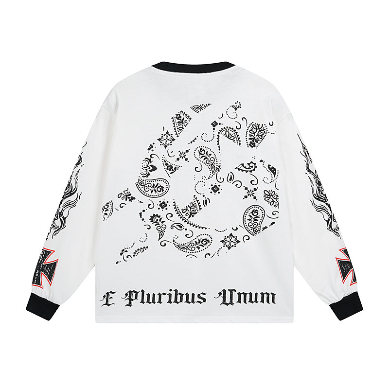 Men’s White & Beige Street Vintage Washed Long Sleeve T-Shirt (Crafted Print) 3107