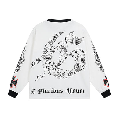 Men’s White & Beige Street Vintage Washed Long Sleeve T-Shirt (Crafted Print) 3107