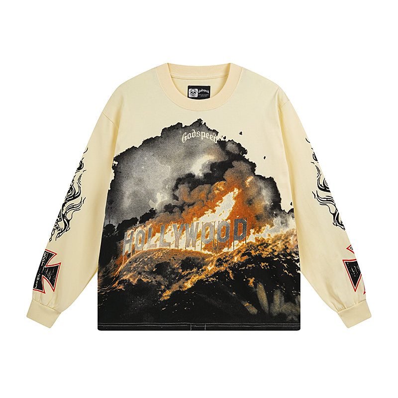 Men’s White & Beige Street Vintage Washed Long Sleeve T-Shirt (Crafted Print) 3107