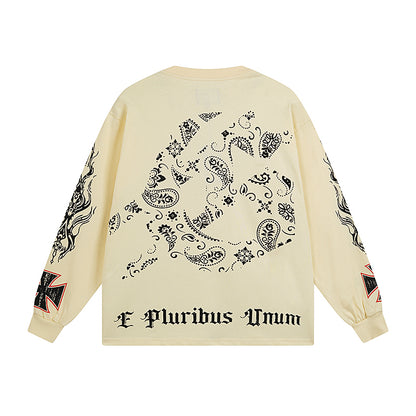 Men’s White & Beige Street Vintage Washed Long Sleeve T-Shirt (Crafted Print) 3107