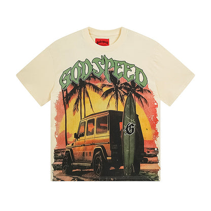 T-shirt beige délavé style vintage pour homme (impression artisanale) 3108