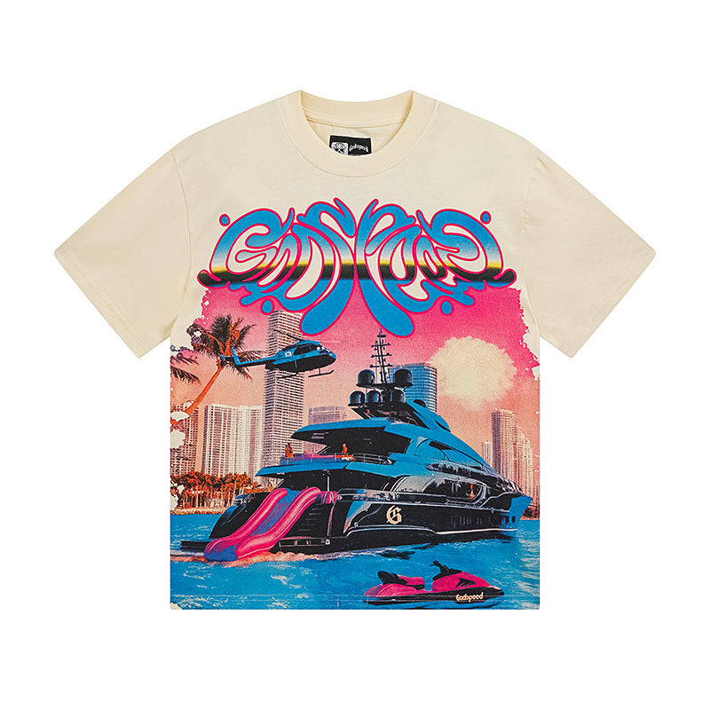 T-shirt beige délavé style vintage pour homme (impression artisanale) 3109