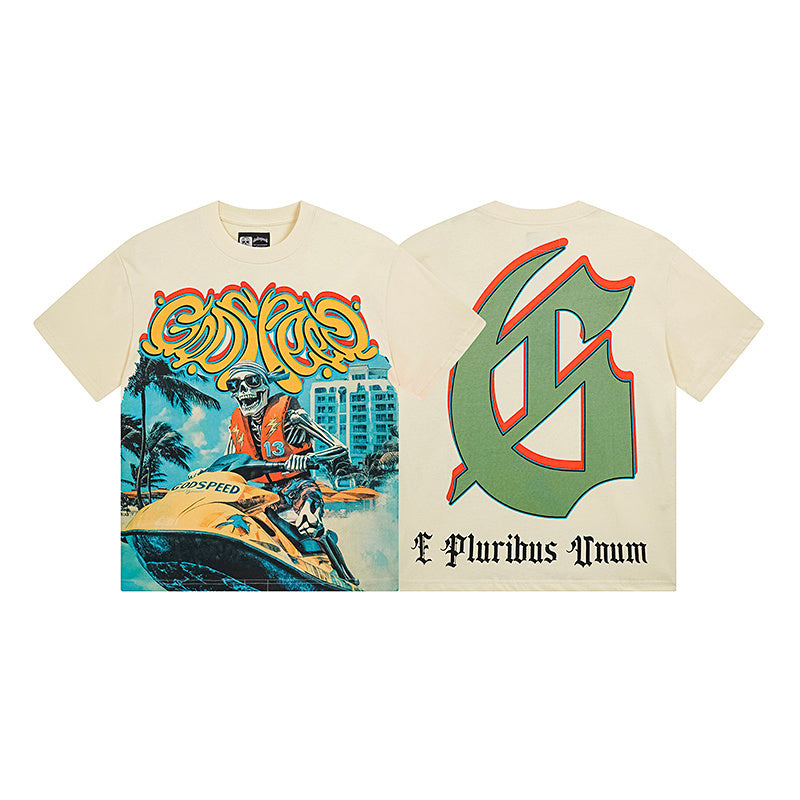 T-shirt beige délavé style vintage pour homme (impression artisanale) 3111