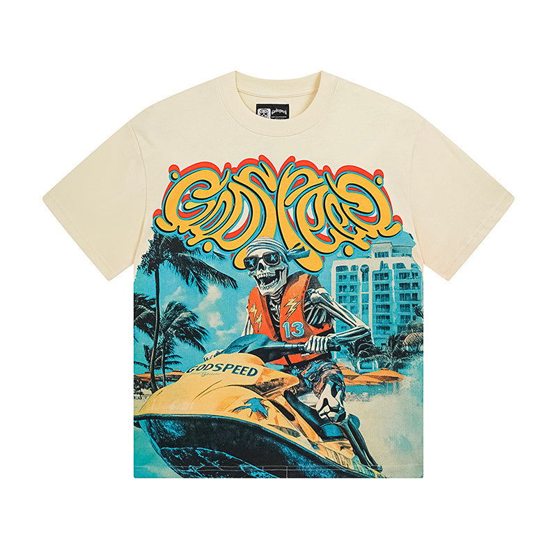 T-shirt beige délavé style vintage pour homme (impression artisanale) 3111
