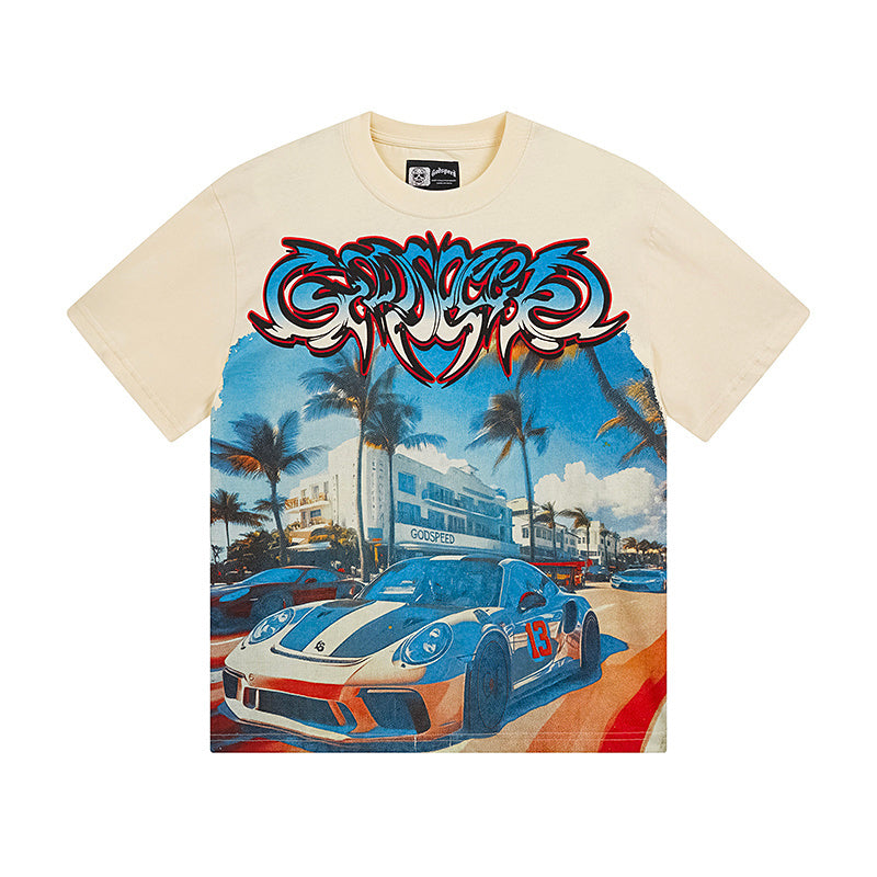 T-shirt beige délavé style vintage pour homme (impression artisanale) 3113