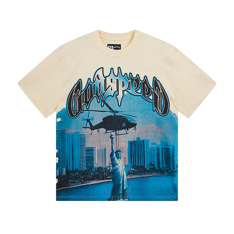 Camiseta beige vintage lavada para hombre (estampado artesanal) 3116