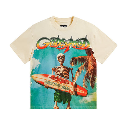 T-shirt homme beige et blanc style vintage délavé (impression artisanale) 3117