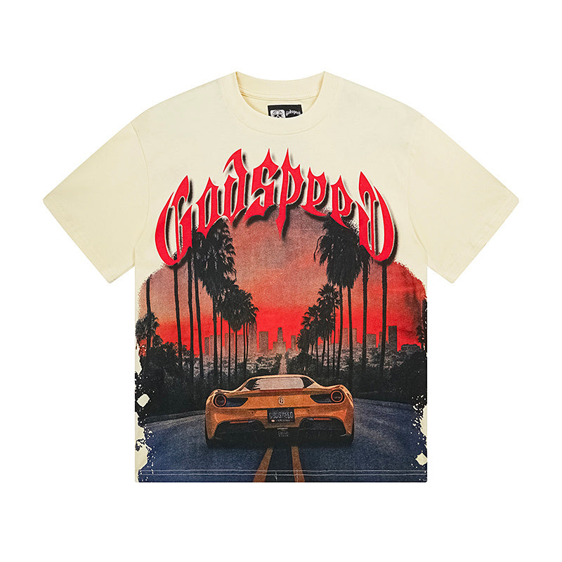 T-shirt beige délavé style vintage pour homme (impression artisanale) 3129