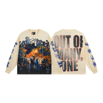 Men’s Beige Street Vintage Washed Long Sleeve T-Shirt (Crafted Print) 3157