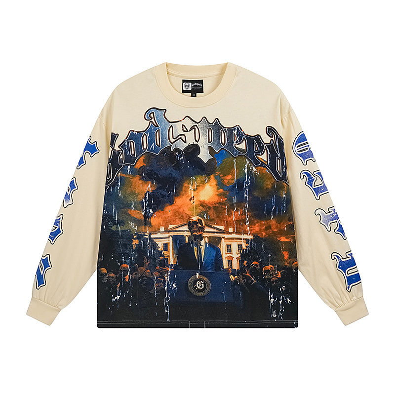 Men’s Beige Street Vintage Washed Long Sleeve T-Shirt (Crafted Print) 3157