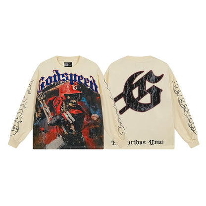 Men’s Beige Street Vintage Washed Long Sleeve T-Shirt (Crafted Print) 3159