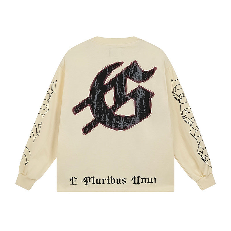 Men’s Beige Street Vintage Washed Long Sleeve T-Shirt (Crafted Print) 3159