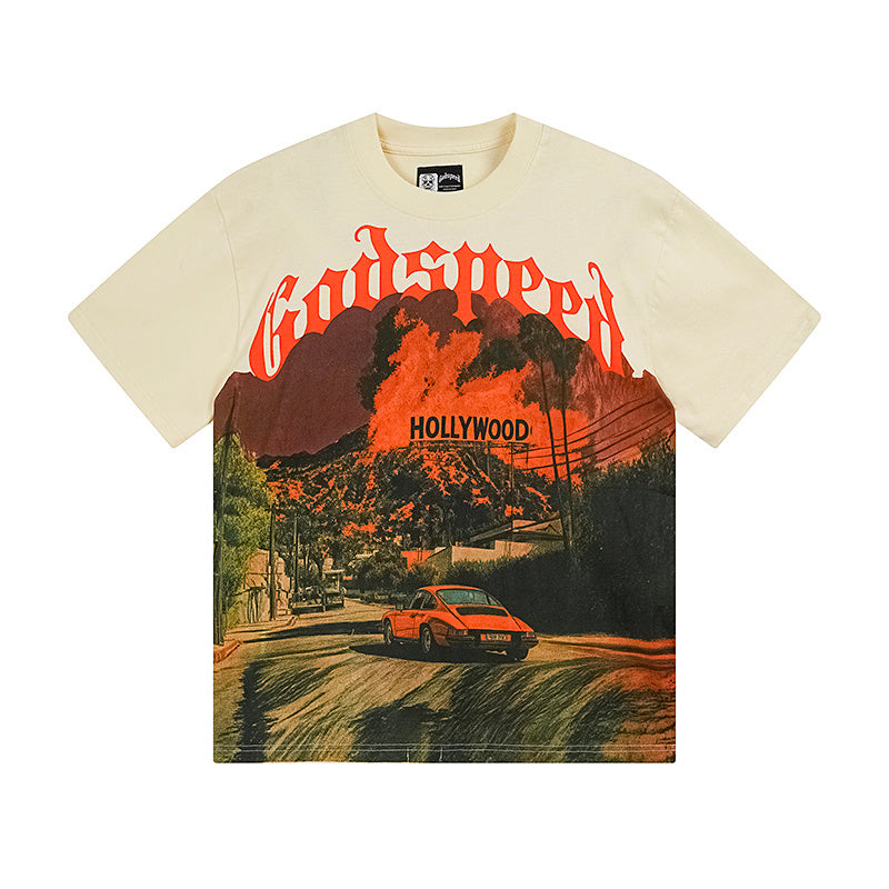 T-shirt beige délavé style vintage pour homme (impression artisanale) 3163