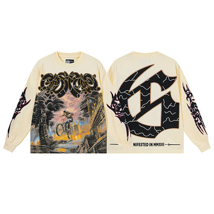 Men’s Beige Street Vintage Washed Long Sleeve T-Shirt (Crafted Print) 3173