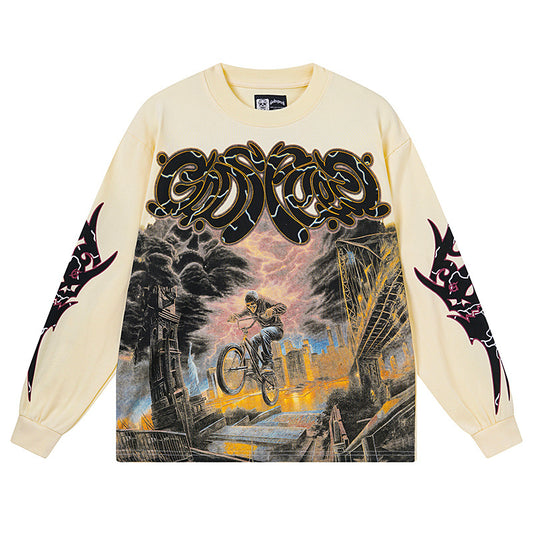 Men’s Beige Street Vintage Washed Long Sleeve T-Shirt (Crafted Print) 3173