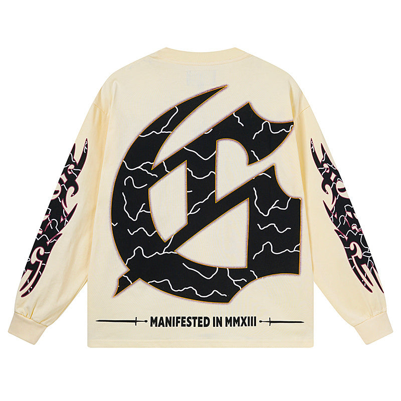 Men’s Beige Street Vintage Washed Long Sleeve T-Shirt (Crafted Print) 3173