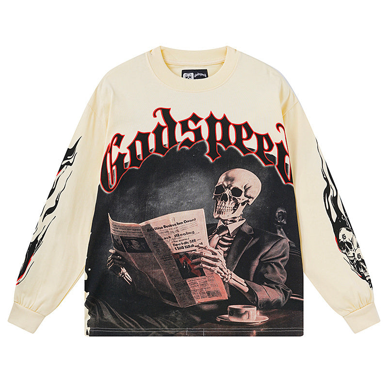 Men’s Beige Street Vintage Washed Long Sleeve T-Shirt (Crafted Print) 3175