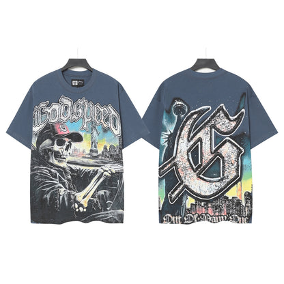 T-shirt homme bleu et beige style streetwear vintage délavé (impression artisanale) 5093