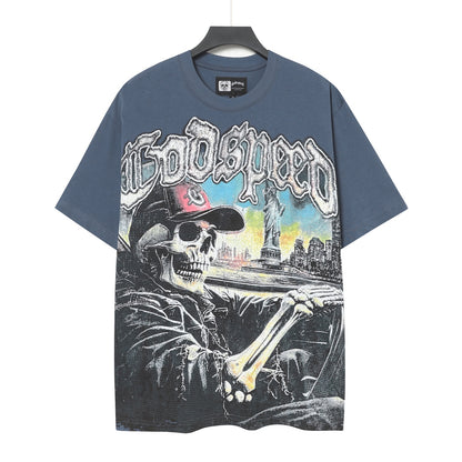 T-shirt homme bleu et beige style streetwear vintage délavé (impression artisanale) 5093