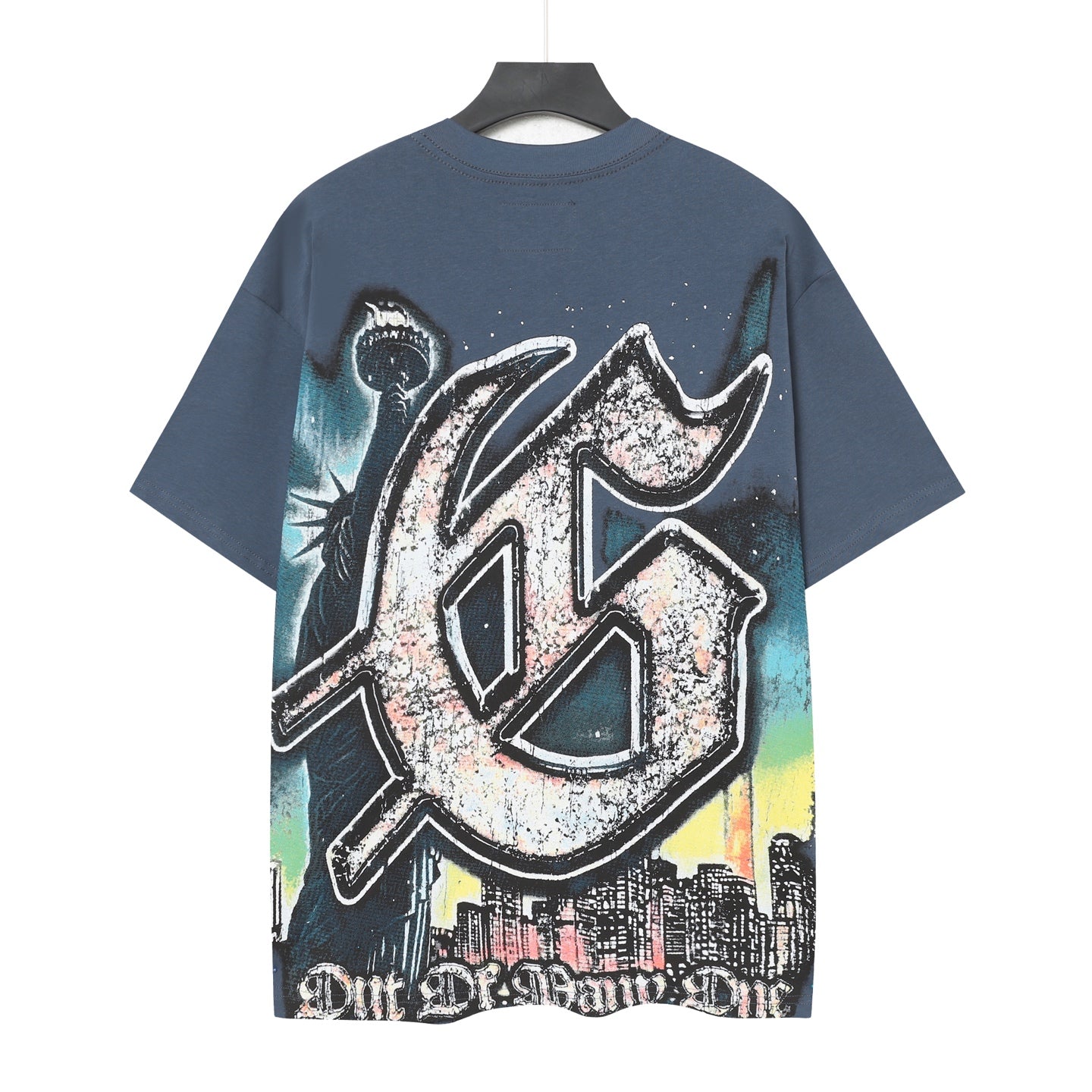 T-shirt homme bleu et beige style streetwear vintage délavé (impression artisanale) 5093