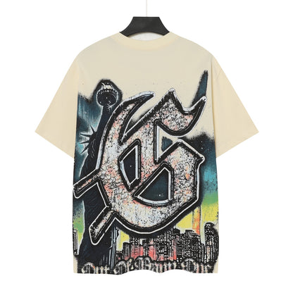 T-shirt homme bleu et beige style streetwear vintage délavé (impression artisanale) 5093