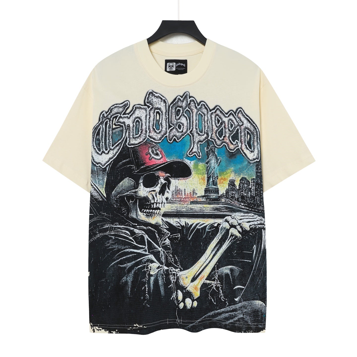 T-shirt homme bleu et beige style streetwear vintage délavé (impression artisanale) 5093