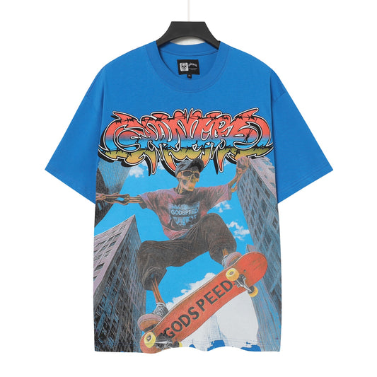Blue & White Street Vintage Washed T-Shirt (Crafted Print) 5098