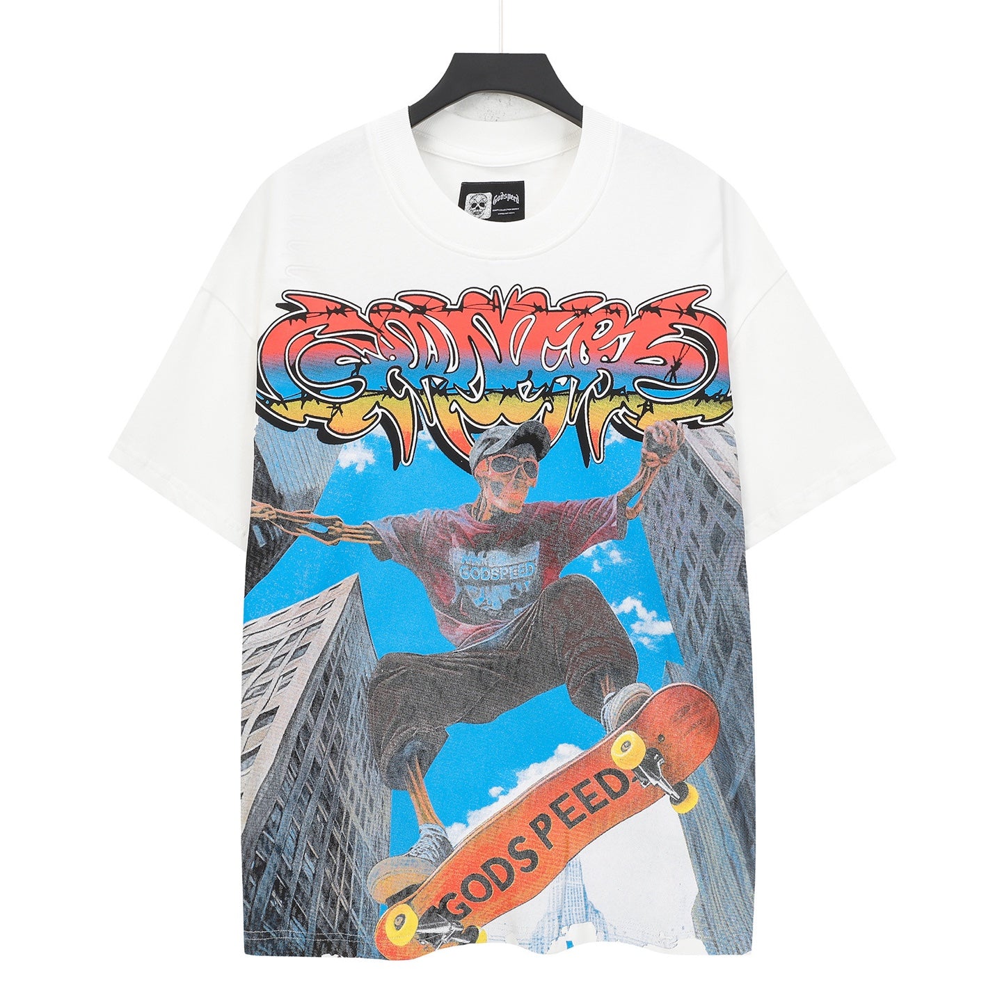 T-shirt homme bleu et blanc style vintage délavé (impression artisanale) 5098