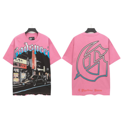 Pink & Blue Street Vintage Washed T-Shirt (Crafted Print) 5333