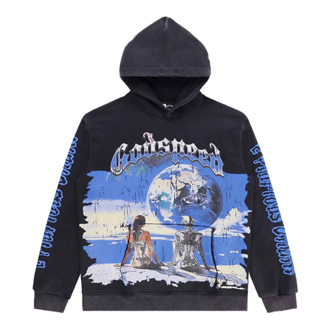 Sweat à capuche homme noir et beige style vintage délavé (imprimé artisanal) 5517