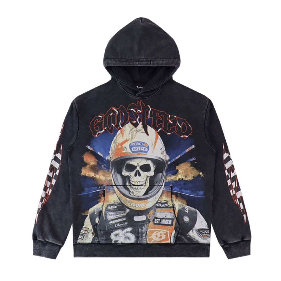 Sweat à capuche homme noir et bleu style vintage délavé (imprimé artisanal) 5518