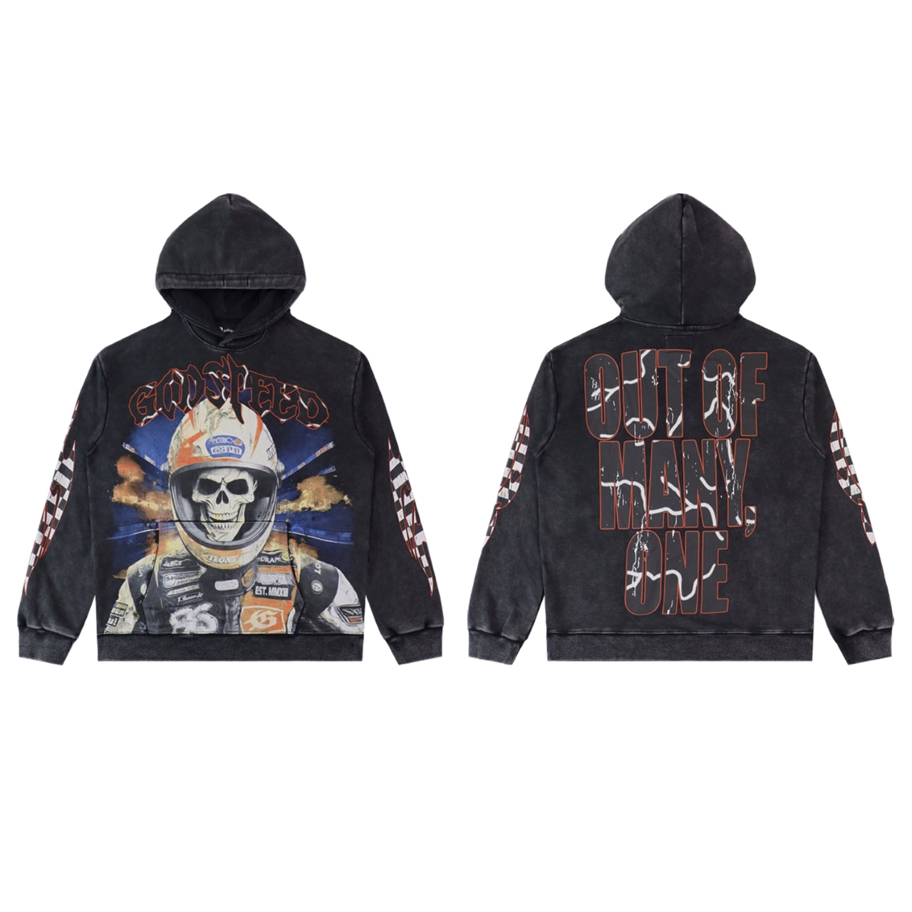 Sweat à capuche homme noir et bleu style vintage délavé (imprimé artisanal) 5518