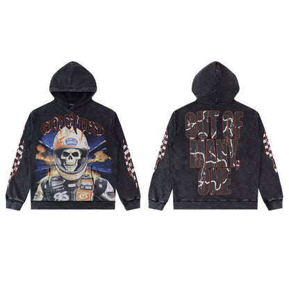 Sweat à capuche homme noir et bleu style vintage délavé (imprimé artisanal) 5518