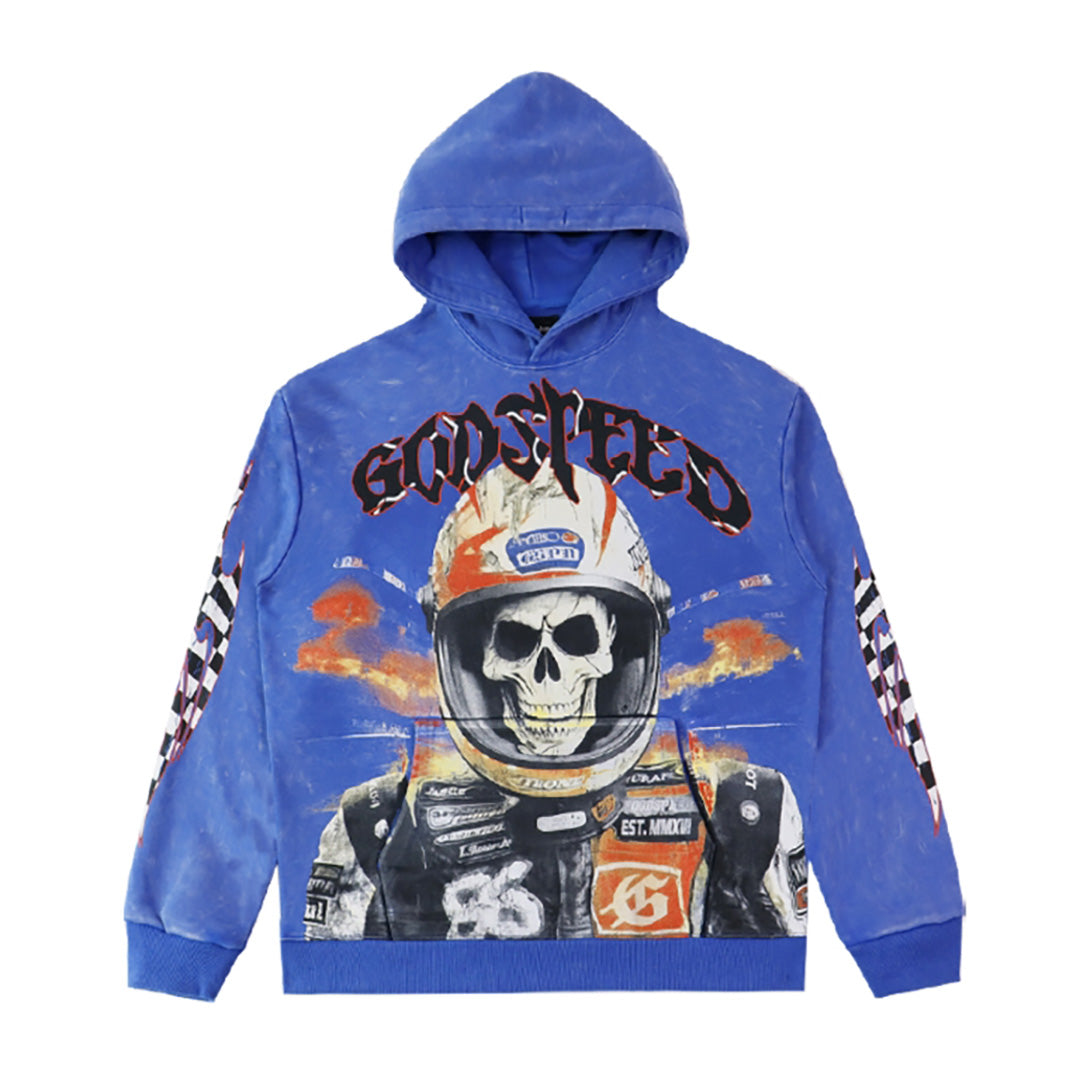 Sweat à capuche homme noir et bleu style vintage délavé (imprimé artisanal) 5518