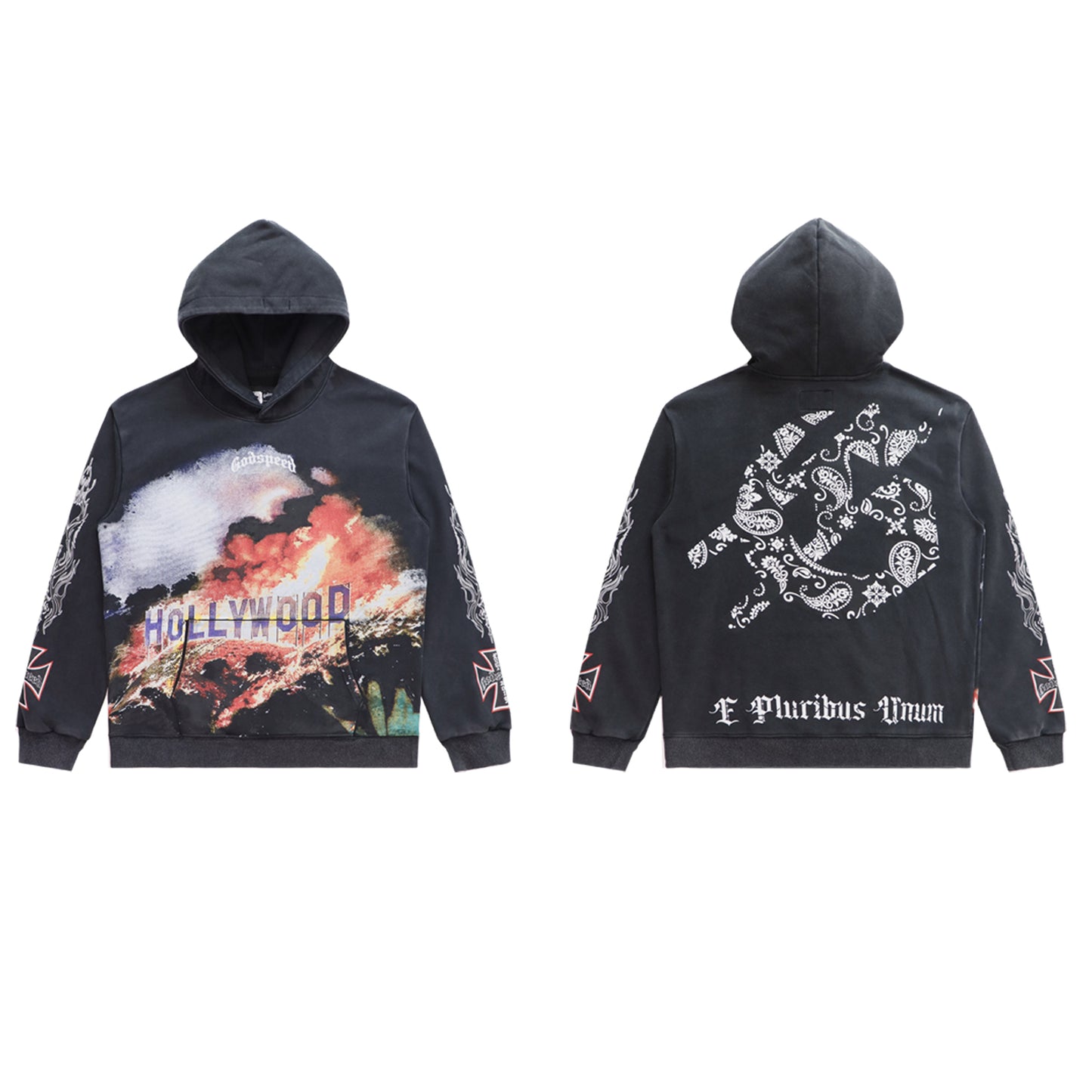 Sweat à capuche homme noir et rouge style vintage délavé (impression artisanale) 5519