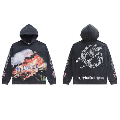 Sweat à capuche homme noir et rouge style vintage délavé (impression artisanale) 5519