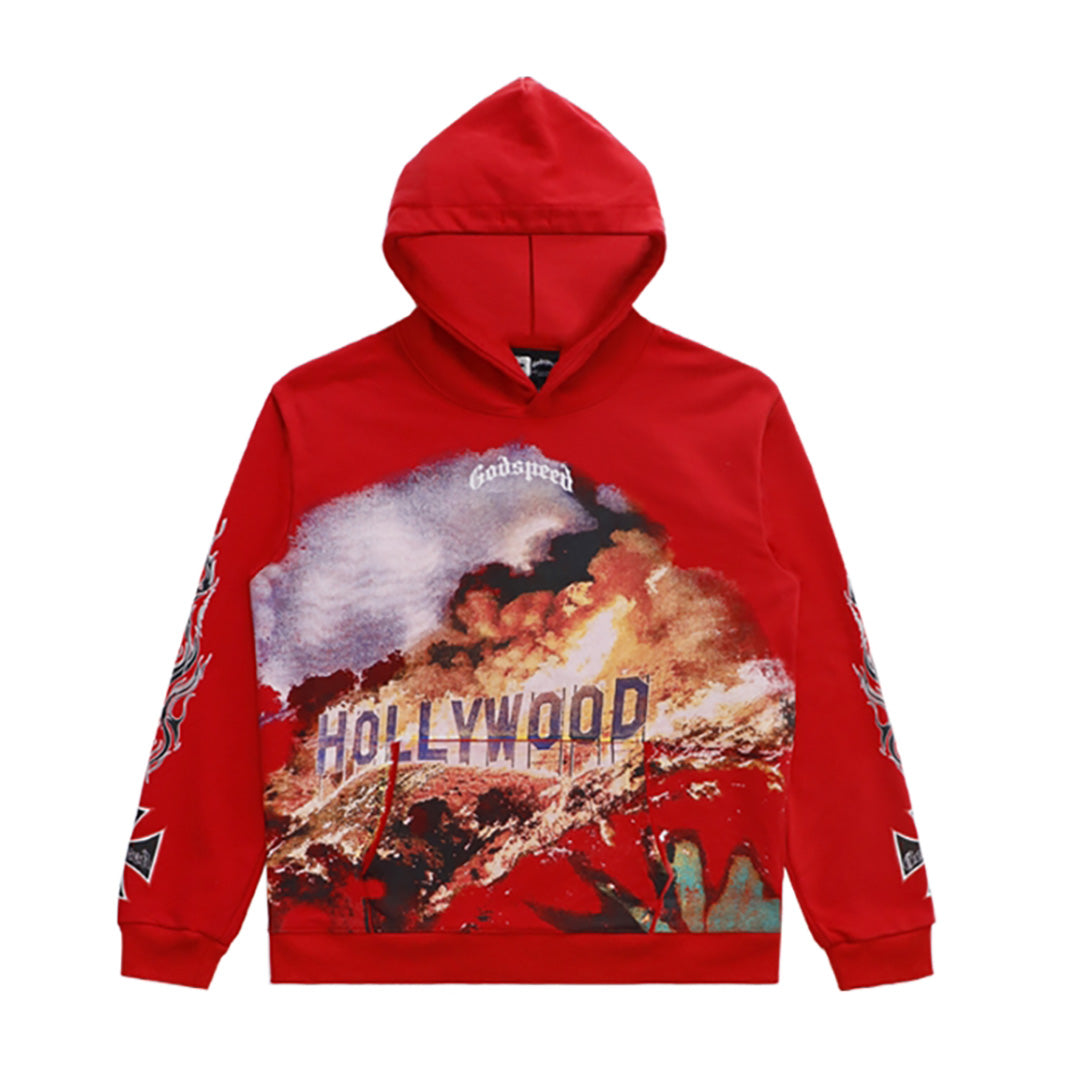 Sweat à capuche homme noir et rouge style vintage délavé (impression artisanale) 5519