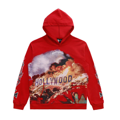 Sweat à capuche homme noir et rouge style vintage délavé (impression artisanale) 5519