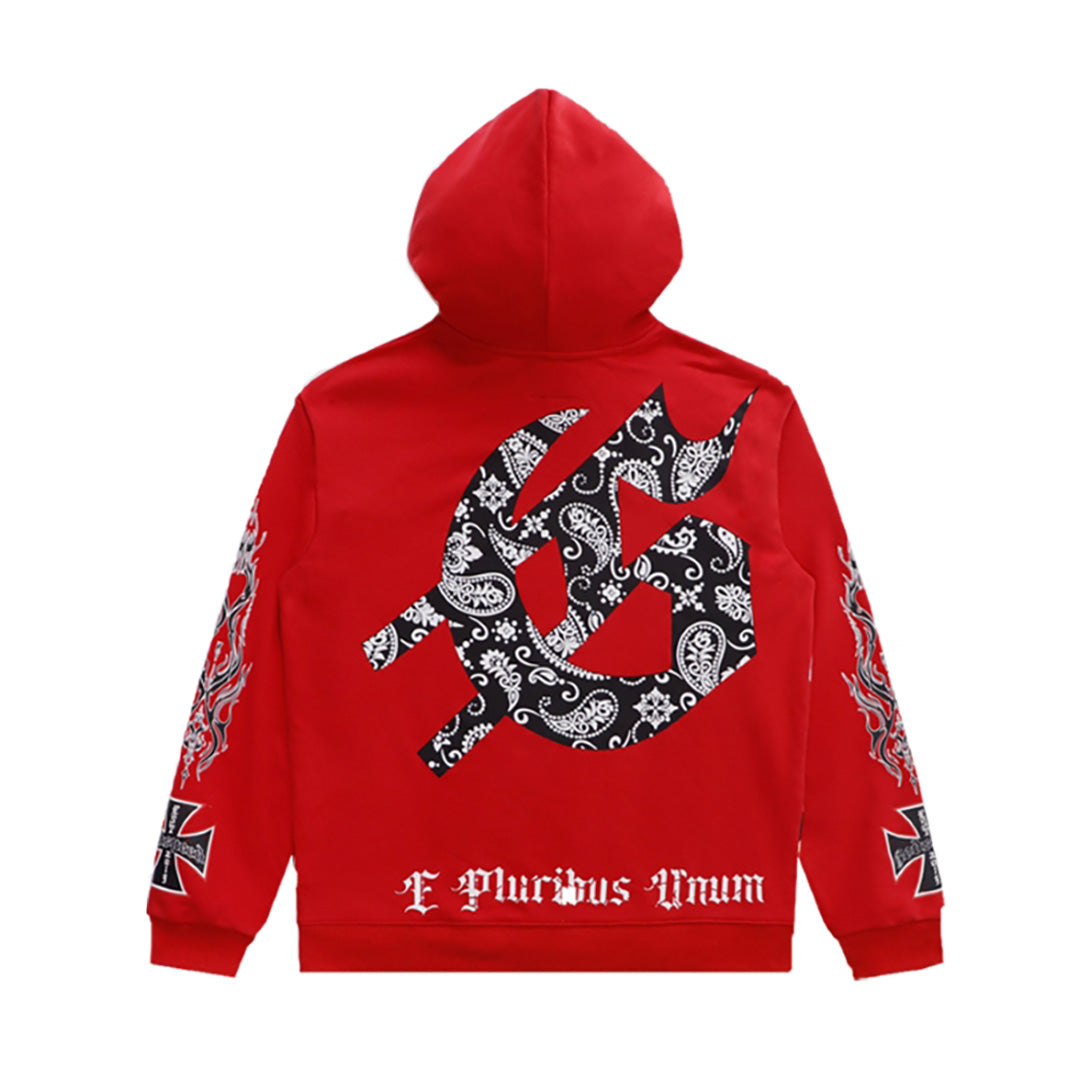 Sweat à capuche homme noir et rouge style vintage délavé (impression artisanale) 5519