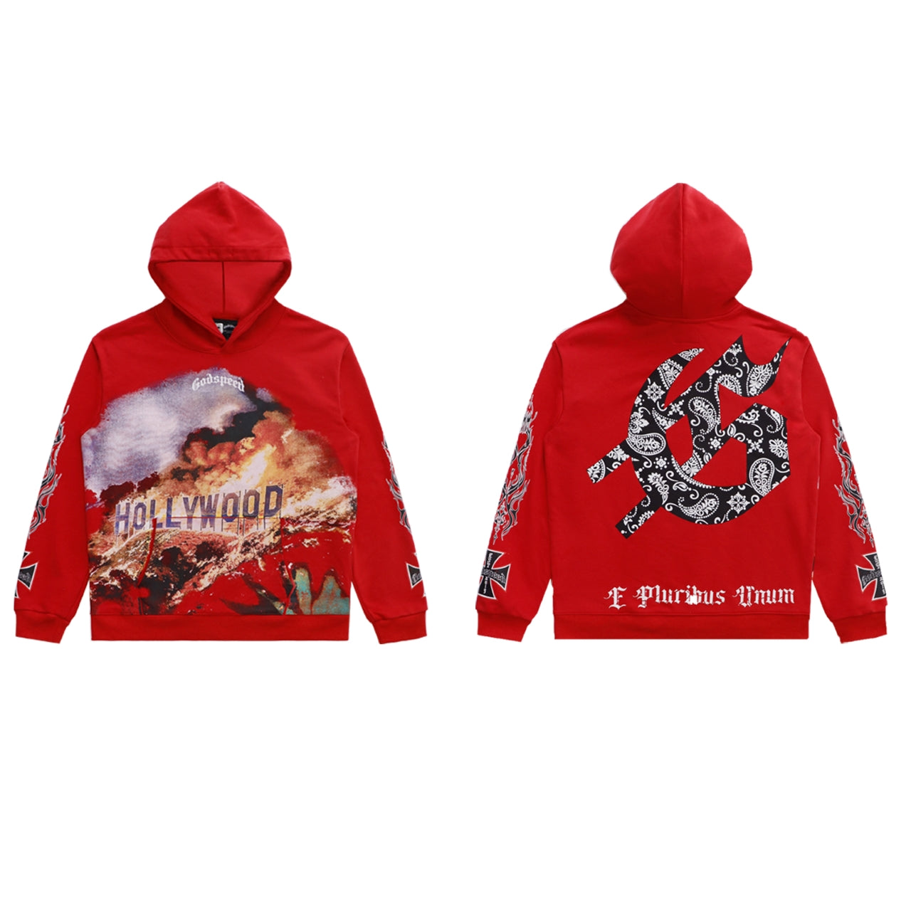 Sweat à capuche homme noir et rouge style vintage délavé (impression artisanale) 5519