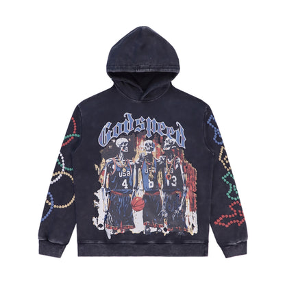 Sweat à capuche homme noir et bleu style vintage délavé (imprimé artisanal) 5520