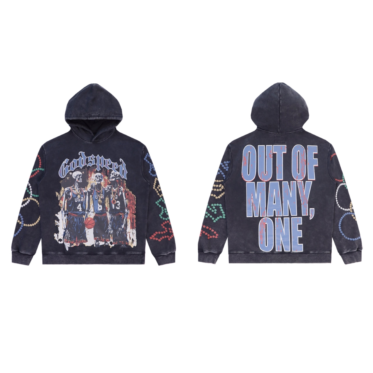 Sweat à capuche homme noir et bleu style vintage délavé (imprimé artisanal) 5520